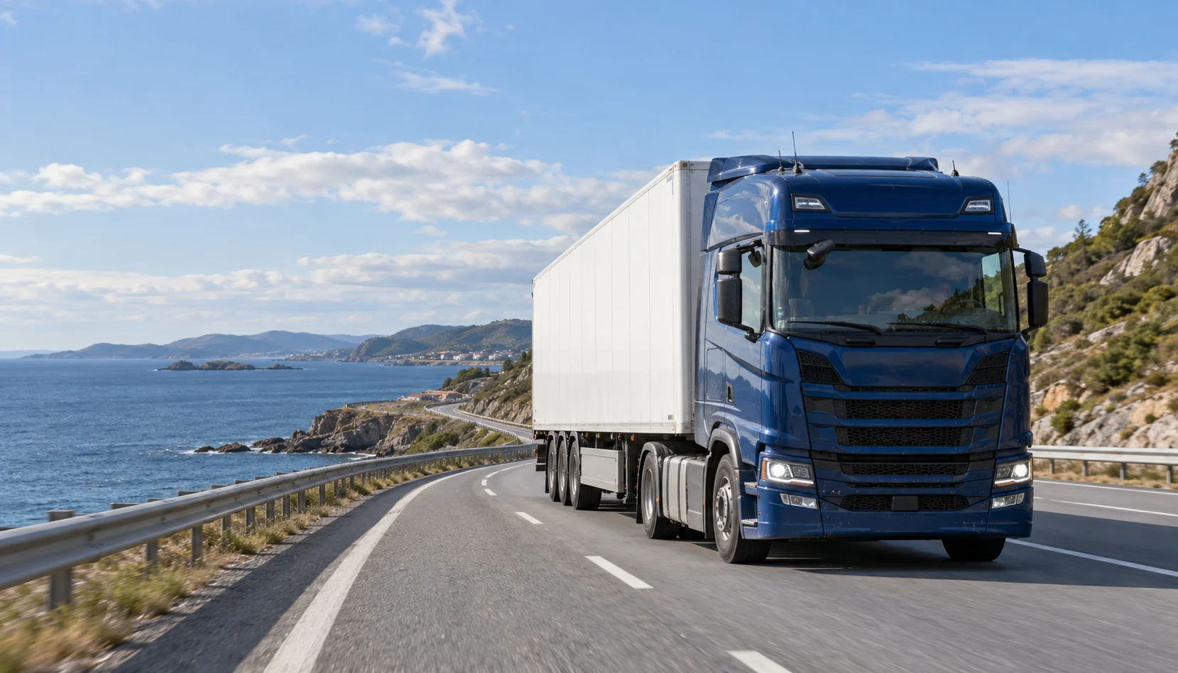 Blue heavy truck on a coastal highway
