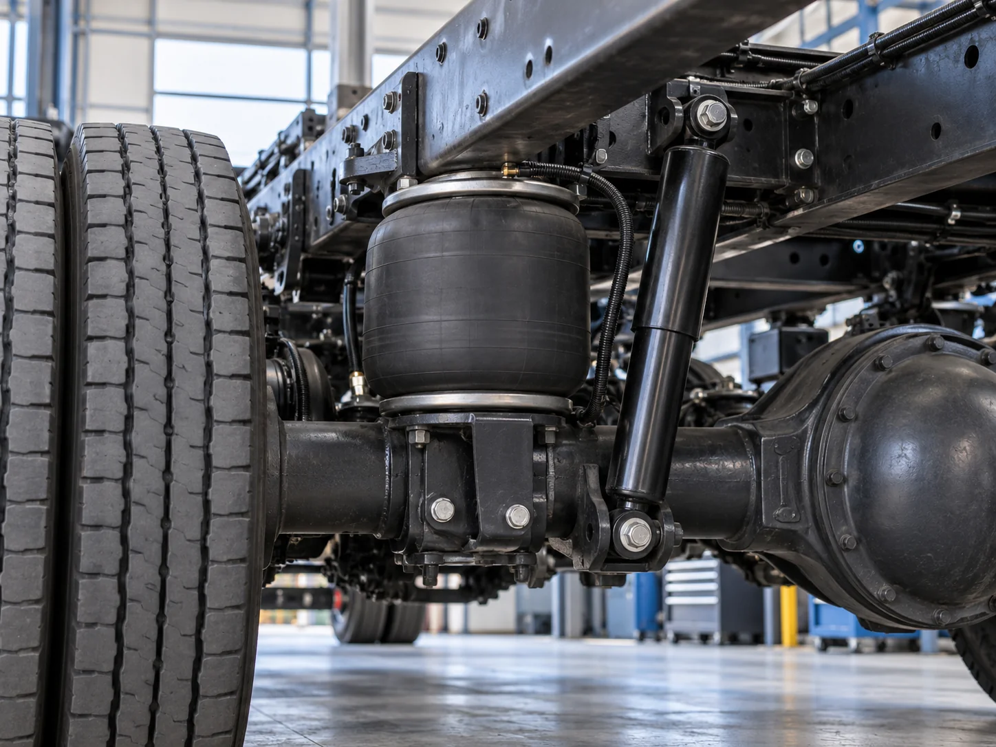 Illustrative heavy truck rear axle air suspension assembly